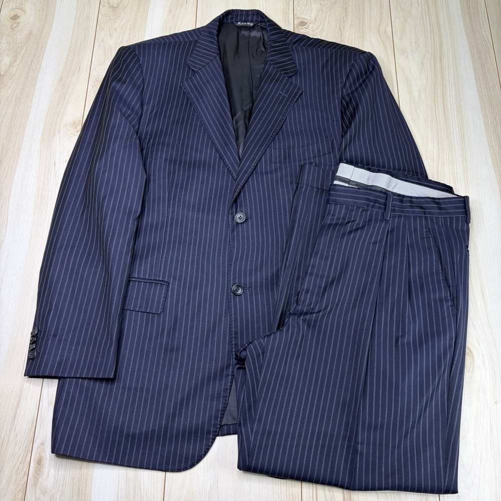 Ermenegildo Zegna Fabric Wool Silk Pinstripe Suit Mens Size 42R 38x29 Navy Blue